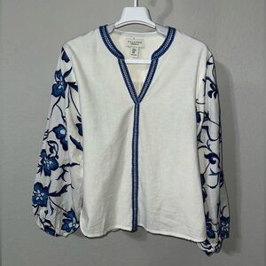 Calypso Floral Embroidered Cotton Flax‎ Peasant Blouse Top White Boho Medium
